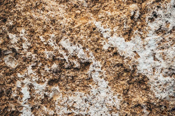 Brown old wall close-up from a block of limestone in the style of grunge. Vintage texture of natural stone. Background for the subject flat lay. Concept of construction and interior design. Copy space