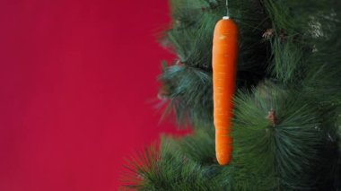 Vejetaryen Noel konseri. Ağaç taze sebzelerle süslenir. Kırmızı arka planda çam dalında çiğ havuç. Minimalizm ve çevre dostu ziyan olmadan kutlama fikri. Boşluğu kopyala