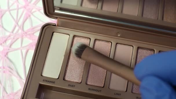 Präsentation einer neuen Palette von Make-up Shadows Naked 3 von Urban Decay. Tests mit Pinsel von rosa glänzenden Nuancen in Nahaufnahme. Überprüfung von Kosmetika für Frauen. Wolgodonsk, Russland-11. März 2020. — Stockvideo