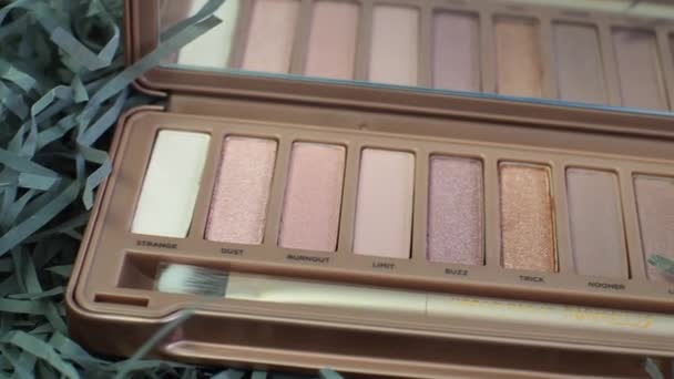 Presentation in the store of the new palette of makeup shadows naked 3 from Urban Decay. Delicate Nude tones close-up. Review of cosmetics for women . Volgodonsk, Russia-March 11, 2020. — Stock Video