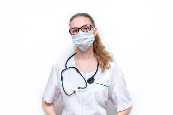 Proteggere Gli Operatori Sanitari Dal Virus Medico Donna Maschera Protettiva — Foto Stock