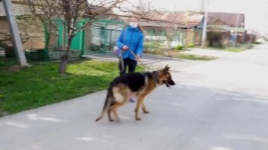 Koruyucu tıbbi maskeli bir kız sokakta bir köpeği gezdiriyor. Karantina sırasında bir evcil hayvanla vakit geçirmek. Temiz havada bir Alman çobanla yürüyün. Kişisel izolasyon ve koruma modu.