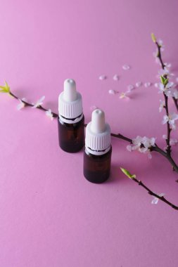 Kozmetik ürünü olan iki şişe ve pembe arka planda çiçek açan bir kayısı dalı. Yaşlanma önleyici kozmetik