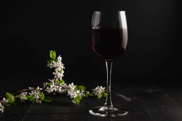 一杯红酒和盛开的杏枝在黑暗的背景下.带有果香的酒精饮料. — 图库照片