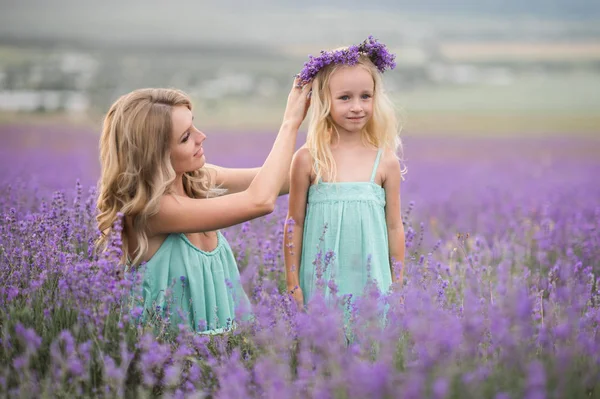 Família feliz em um campo de lavanda — Fotografia de Stock