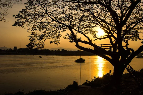 Sílhueta do pôr do sol com rio e árvores . — Fotografia de Stock