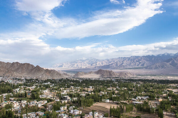 Landscape view of the rural valley from Shanti stupa in Leh Ladakh, Jammu and Kashmir.