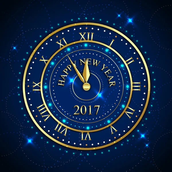 2017 Happy New Year background with gold clock for poster, banner, placard. Vector illustration eps 10 format. — Stock Vector