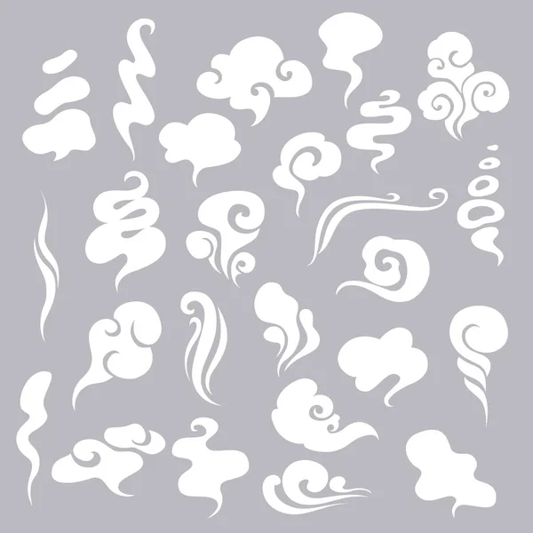 Σετ από καπνό, σύννεφα, ομίχλη και ατμού καρτούν εικονογράφηση φορέα. Λευκό καπνό επίπεδη εικονίδιο απομονωθεί για παιχνίδι, διαφήμιση. — Διανυσματικό Αρχείο