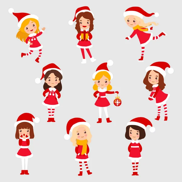 Set of little christmas girl cartoon isolated on white background vector illustration. Christmas girl wearing santa claus clothes with gift. — Stock Vector