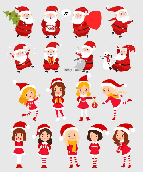 Set of Santa Claus and Christmas little girl cartoon flat icon isolated vector illustration — Stock Vector