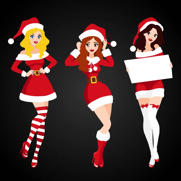 Set von schönen Mädchen in Weihnachtsmann-Klamotten — Stockvektor