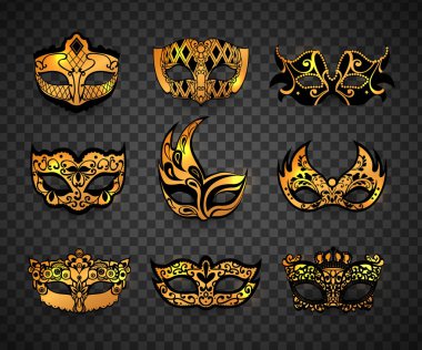 Saydam arka plan üzerinde izole karnaval maskesi. Vektör çizim gerçekçi yüz maskesi Icon set.