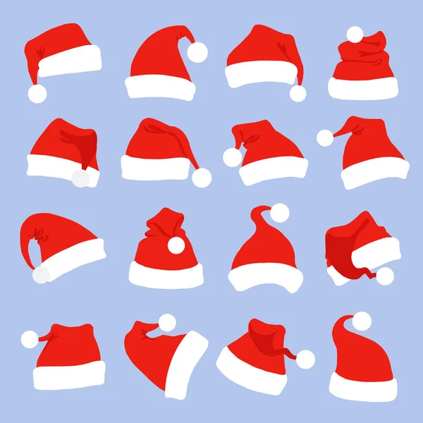 设置的圣诞老人帽子圣诞派对。孤立在蓝色背景上的红色圣诞老人帽子图标. — 图库矢量图片