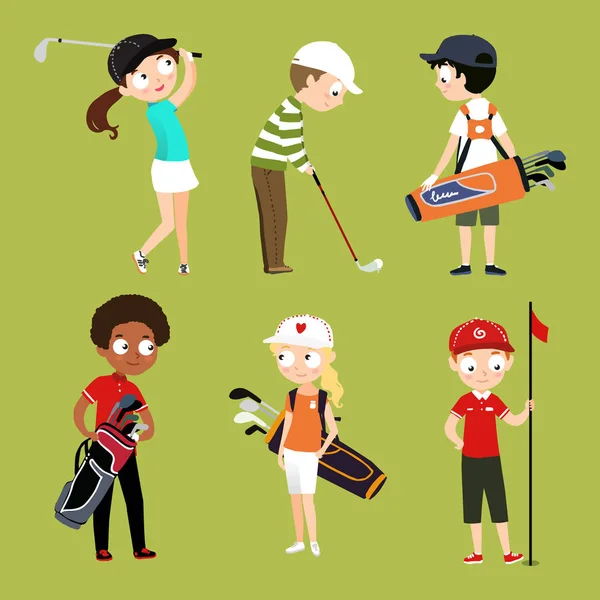 Kinderen spelen golf vector geïsoleerde tekens voor golf school sport website — Stockvector