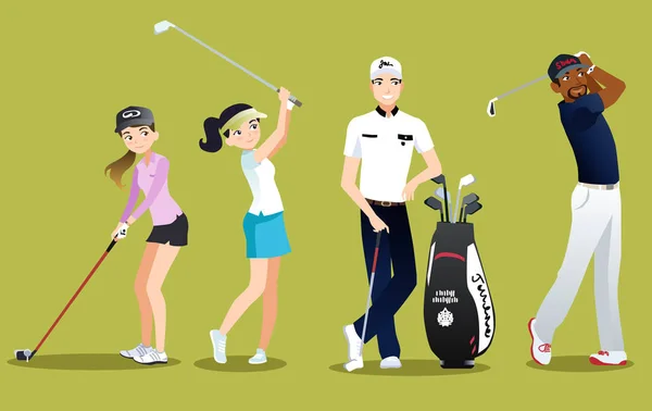 Grup golfçüler vektör yeşil zemin üzerine izole karakter. Golf okul web sitesi için golf oyuncu düz Stil kümesi — Stok Vektör