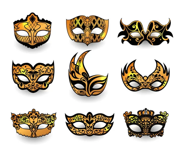 Máscaras festivas aisladas sobre fondo blanco. Icono realista máscara facial conjunto vector ilustración . — Vector de stock