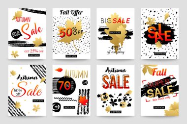 Elle çizilmiş sonbahar satış banner şablon koleksiyonu. Pazarlama, online alışveriş, mobil afiş, reklam afiş, reklam, mektuplar ve mevsimlik satış için vektör çizimler.