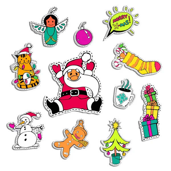 Christmas patch badges with Santa Claus, snowman, gift box, angel, tree and other. Set of stickers, pins, patches in cartoon 80s-90s comic style for sale banner, shop, online shopping. Vector format — Stock Vector