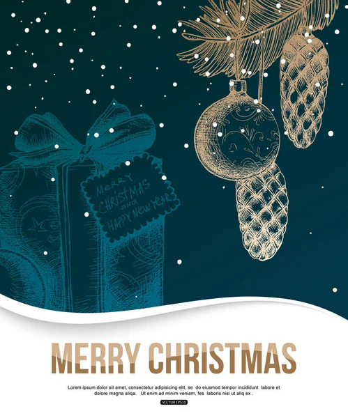 Feliz Navidad tarjeta de felicitación con caja de regalo, ilustración vectorial . — Vector de stock