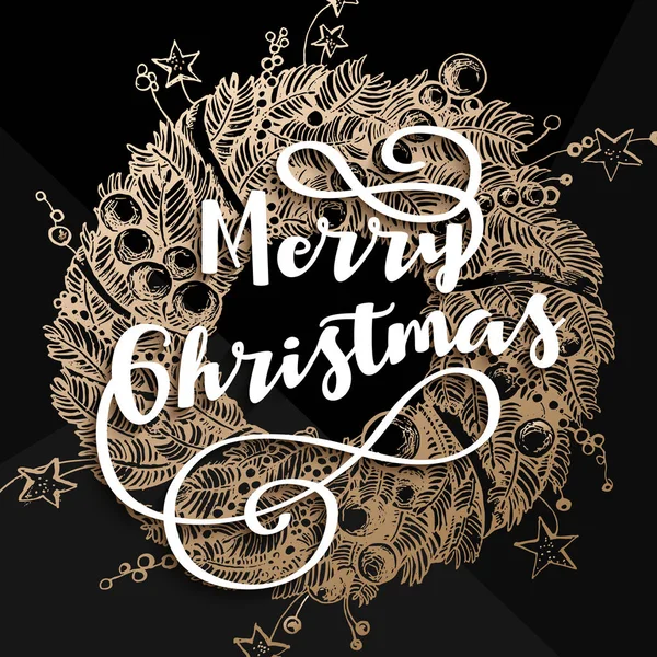 Merry Christmas wenskaart met krans, vectorillustratie. — Stockvector