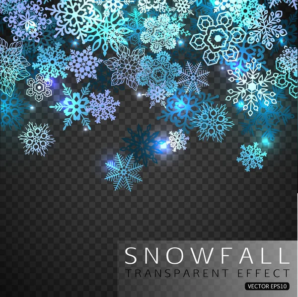 Caduta fiocchi di neve su sfondo trasparente. Inverno splendente Natale fiocchi di neve vettoriale illustrazione . — Vettoriale Stock