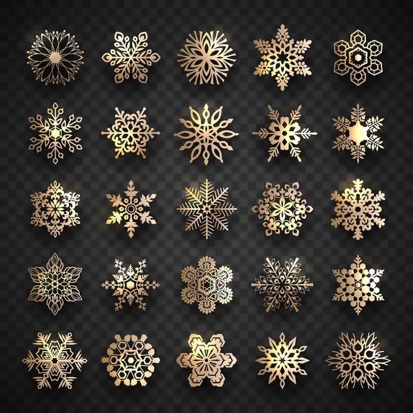 Raccolta di icone fiocchi di neve isolate su sfondo trasparente. 25 Fiocchi di neve d'oro per il design natalizio, illustrazione vettoriale . — Vettoriale Stock