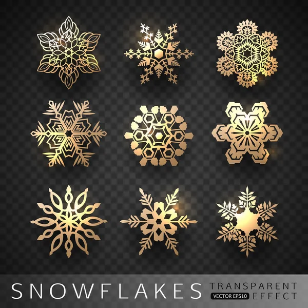 Set van gouden sneeuwvlokken pictogrammen geïsoleerd op transparante achtergrond. Vector eps10 formaat. — Stockvector
