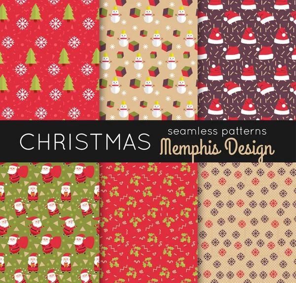 Set of christmas seamless patterns with christmas signs and symbols, with elements of the trend memphis style. Vector illustration eps10 format. — Stock Vector