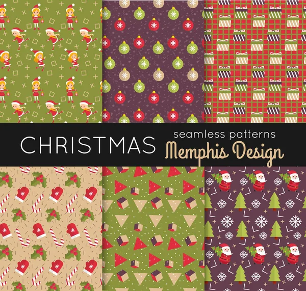 Set of christmas seamless patterns with christmas signs and symbols, with elements of the trend memphis style. Vector illustration eps10 format. — Stock Vector