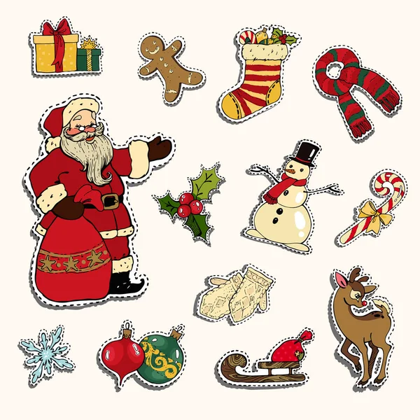 Set de insignias de parche navideño con santa claus, bola, muñeco de nieve, copo de nieve y otros elementos. Pegatinas de Navidad, alfileres, parches en estilo retro de dibujos animados. Ilustración vectorial formato eps10 . — Archivo Imágenes Vectoriales