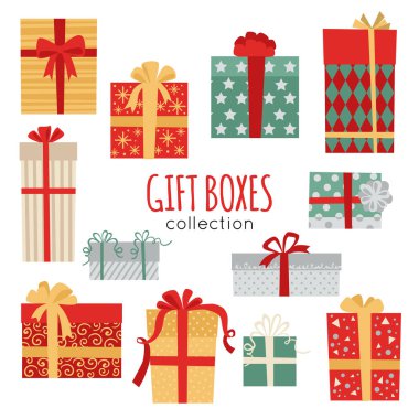 Vektör beyaz arka plan üzerinde izole Noel hediye kutusu simge kümesi