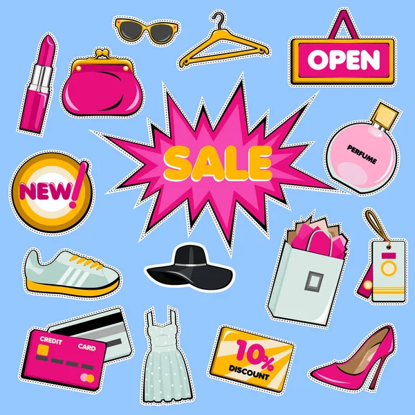 Conjunto de insignias de parche de compras. Pegatinas de tienda vectorial. Ilustración de arte pop con sombrero, zapatos, ropa, perfume, bolso . — Vector de stock