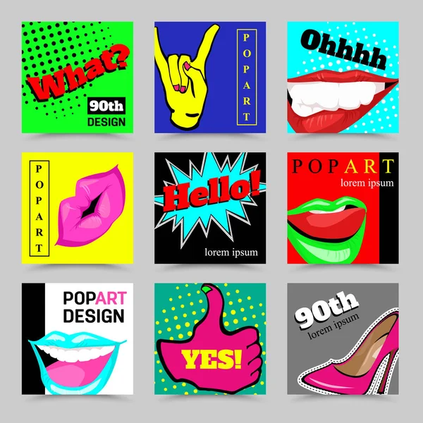 Ensemble de bannières vectorielles dans le style comique pop art des années 80-90. Lèvres, gestes de main, sourire, chaussures — Image vectorielle