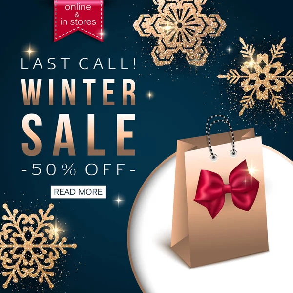 Winter Sale banner with gold snowflakes. Vector illustration — Stock Vector