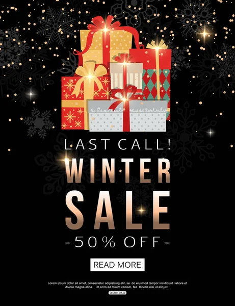Banner de venda de inverno com caixas de presente de Natal ilustração vetorial — Vetor de Stock