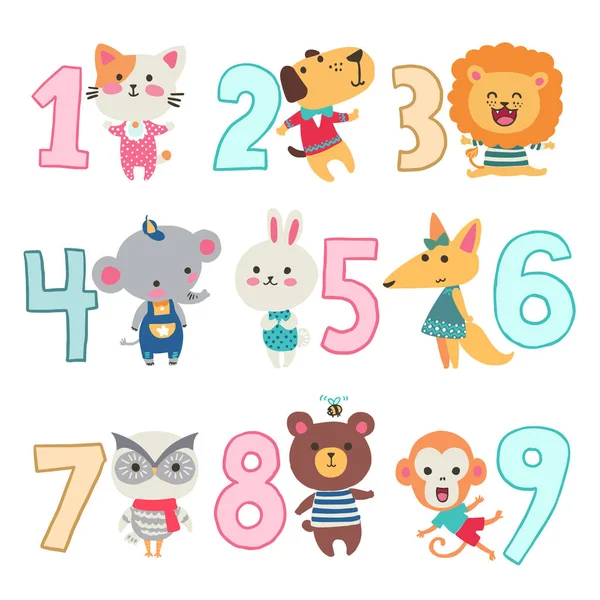 Születésnapi évforduló számokat vicces állatok karakterek kártya gyerekeknek, a párt, a meghívás. Vektoros illusztráció. — Stock Vector