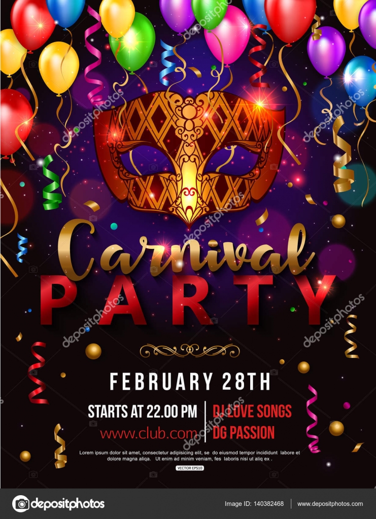 Carnival party flyer design with carnival mask, balloon, confetti