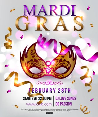 Mardi Gras partisi el ilanı tasarım Festivali maskesi. Vektör çizim.