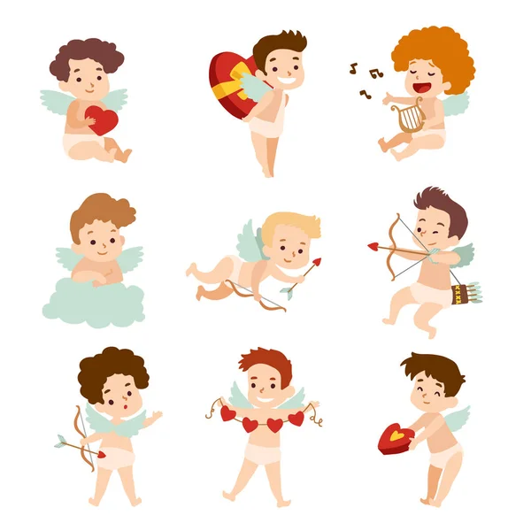 Conjunto de personajes de dibujos animados de Cupido aislados sobre fondo blanco. Ilustración vectorial — Vector de stock