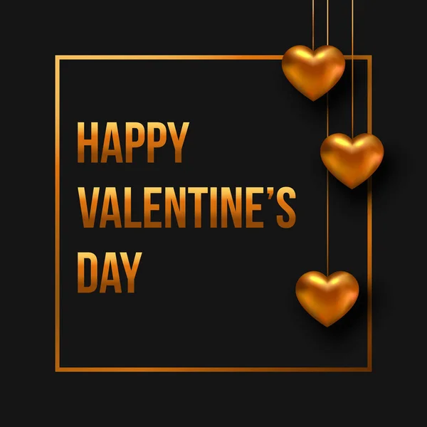 Valentinstag Grußkarte mit hängendem goldenen Herz auf schwarzem Hintergrund — Stockvektor
