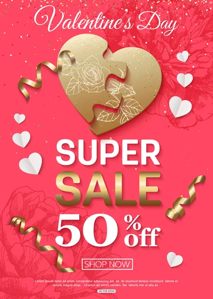 Valentinstag Verkauf Banner für Online-Shop, Supermarkt, Einzelhandelsketten. Vektorillustration. — Stockvektor