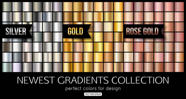 Set of rose gold, silver gradients. Shiny gold texture, vector illustration.
