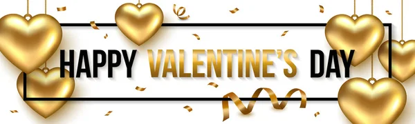 Banner San Valentino con cuore d'oro, nastro, coriandoli. Illustrazione vettoriale . — Vettoriale Stock