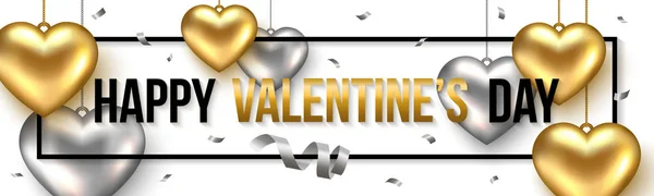 Valentines banner met zilver, goud hart hanger. Vectorillustratie. — Stockvector