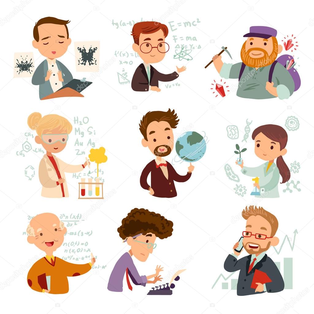 Set of cartoon characters scientists isolated on white background. Vector illustration of a mathematician, physicist, chemist, economist, geologist, biologist, writer and geographer.