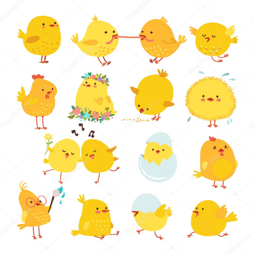 Set of cute cartoon chickens for easter design. Vector illustration.