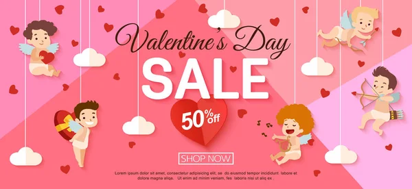 San Valentino vendita banner con appeso cupido. Illustrazione vettoriale . — Vettoriale Stock