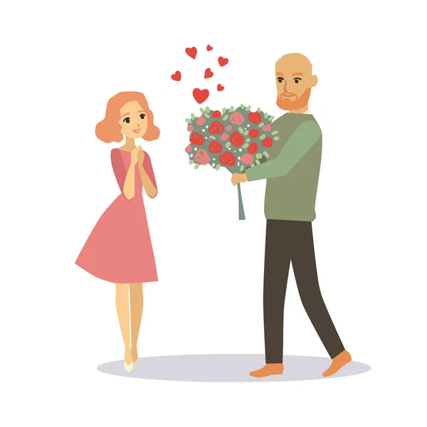 Un hombre dando a una chica un ramo de flores. Amantes pareja ilustración vector de dibujos animados — Archivo Imágenes Vectoriales