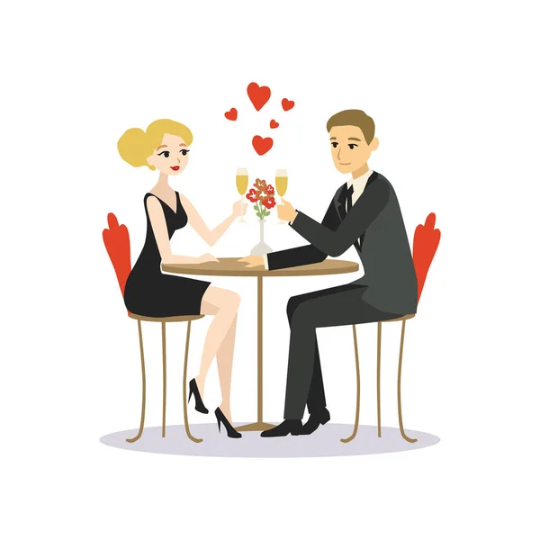 Erkek ve kadın bir restaurant akşam yemeği. Aşık çift çizgi film vektör çizim — Stok Vektör